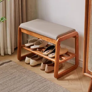 Shoe Organizer Storage Bench, Entryway Bench with Leather Cushion, 2 Tier Solid Wood Ottoman Bench, Mid Century Modern Shoe Rack for Living Room, Hallway(Light Color,55cm/21.7inch)