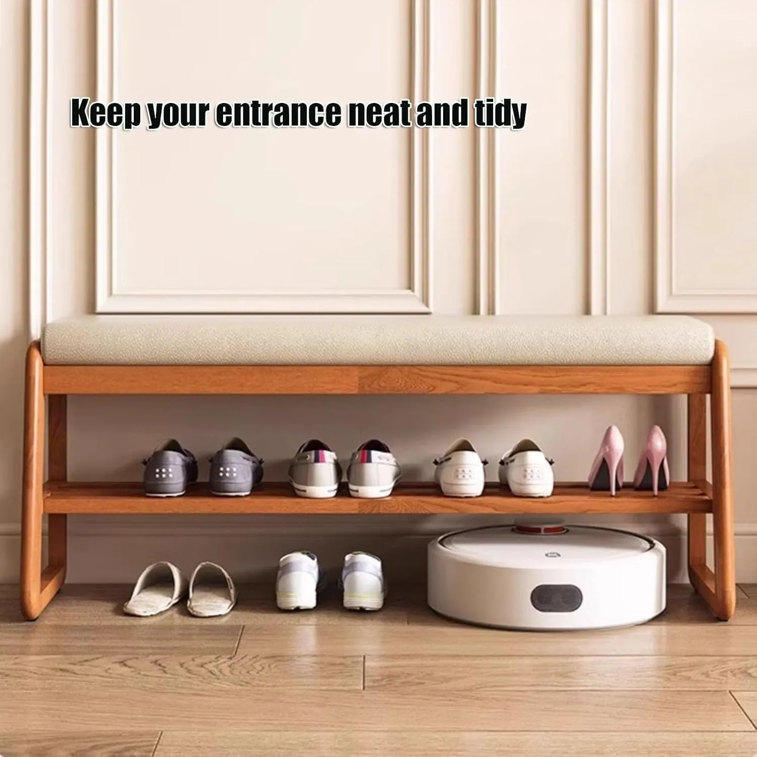 Shoe Organizer Storage Bench, Entryway Bench with Leather Cushion, 2 Tier Solid Wood Ottoman Bench, Mid Century Modern Shoe Rack for Living Room, Hallway(Light Color,55cm/21.7inch)