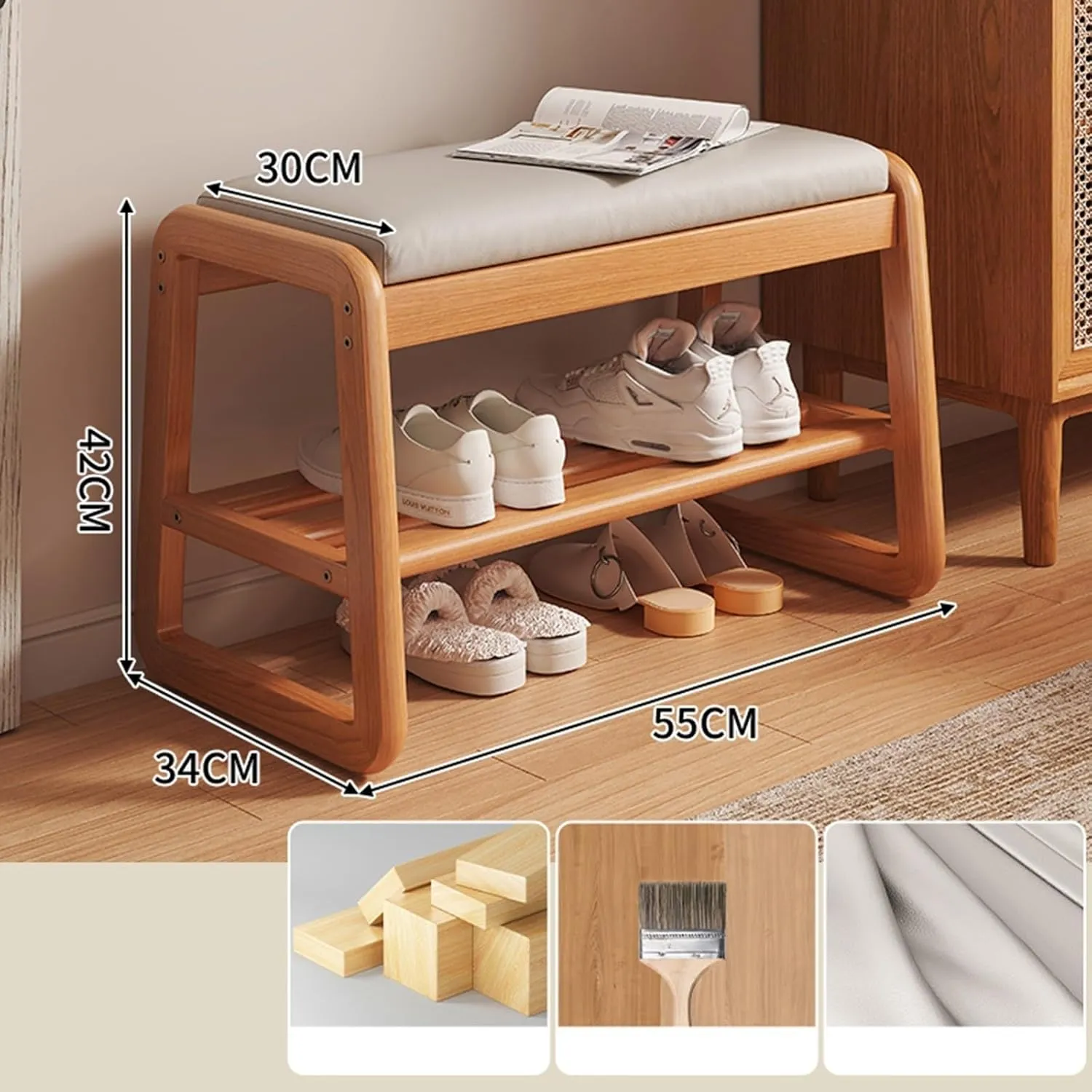 Shoe Organizer Storage Bench, Entryway Bench with Leather Cushion, 2 Tier Solid Wood Ottoman Bench, Mid Century Modern Shoe Rack for Living Room, Hallway(Light Color,55cm/21.7inch)