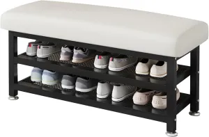 Shoe Rack Bench, 31.5"x12.2"x19.3" Upholstered Shoe Storage Bench, 2-Tier Shoe Organizer and Entryway Bench, Stylish Shoe Bench for Entryway, Bedroom, White