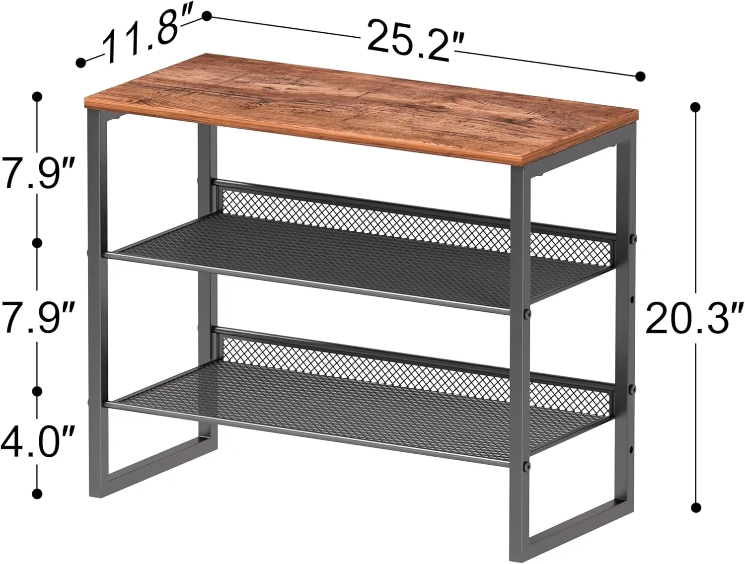 Shoe Rack Organizer - Sturdy Steel Shoe Organizer for Closet Entryway with Spacious Top and Strong Mesh Shelves Industrial Style Standing Storage Shelves (3-Tier 11.8"x20.4"x25.2")