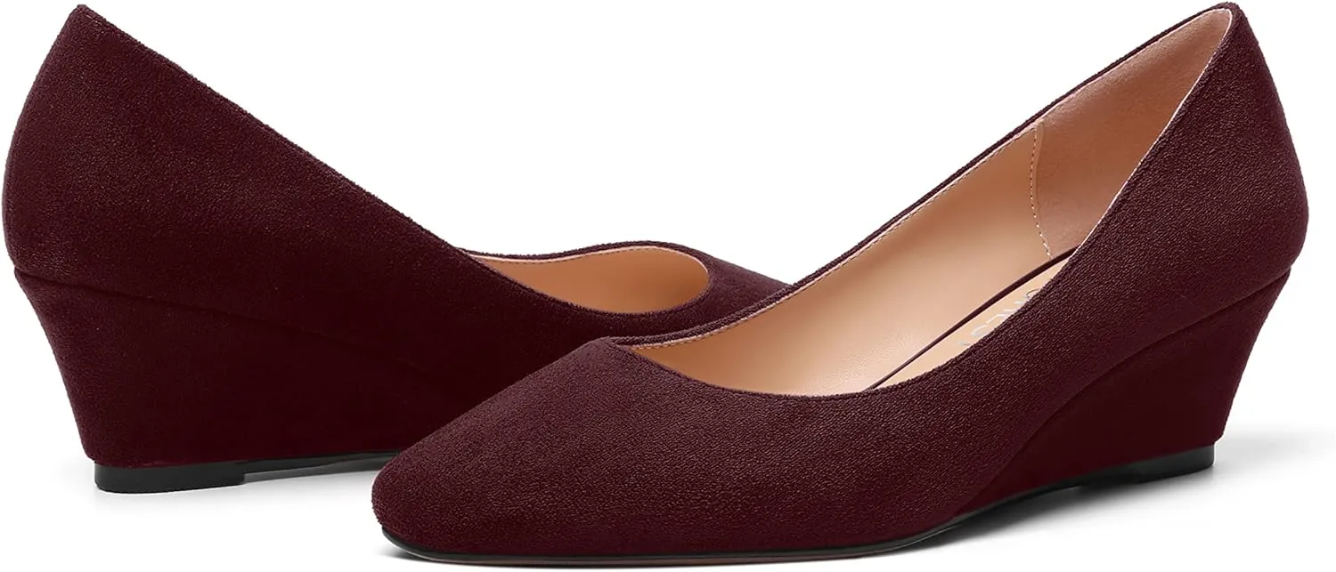 SHOWFOREST Womens Slip On Suede Solid Casual Outdoor Square Toe Wedge Low Heel Pumps Shoes 2 Inch
