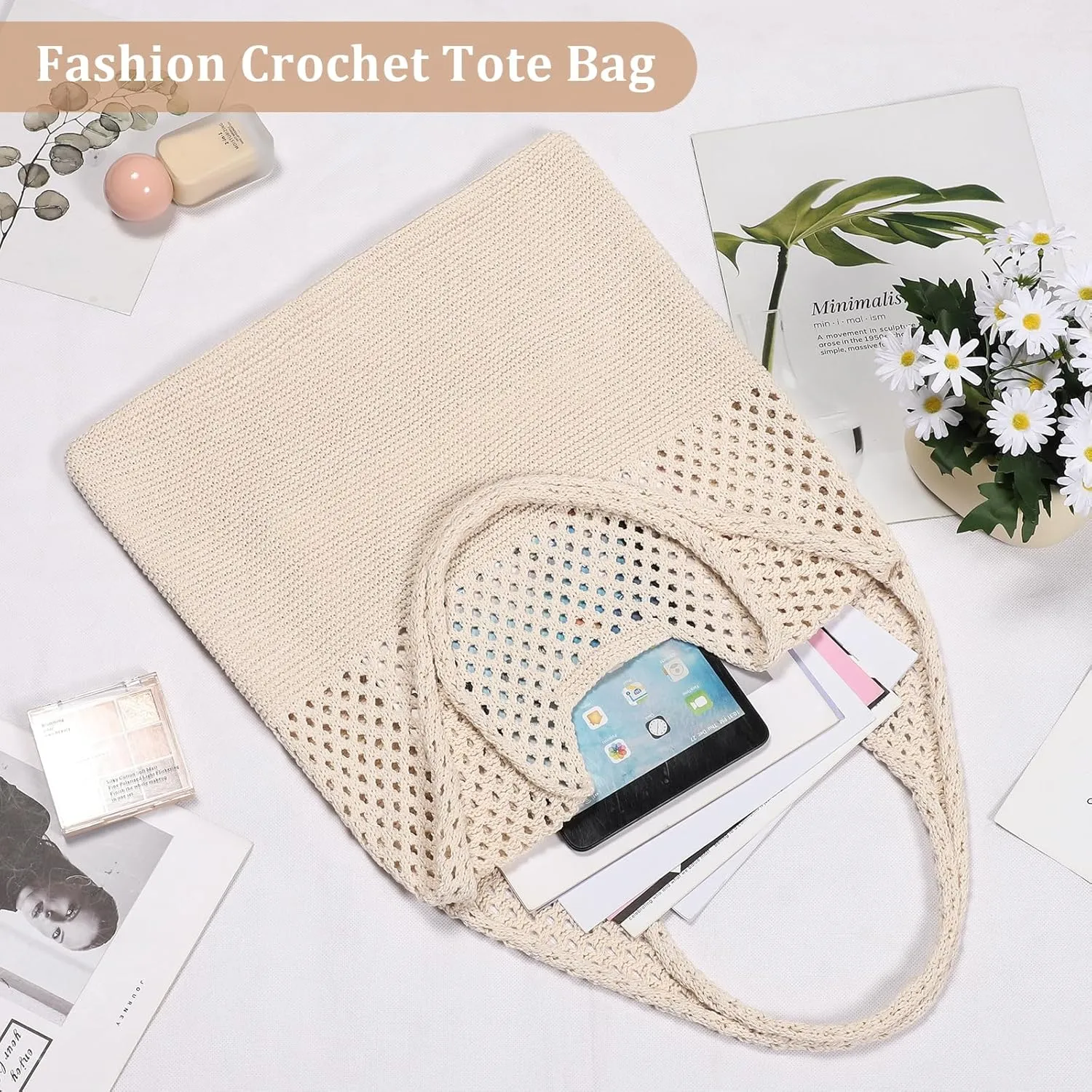Sightor Crochet Tote Bag, Mesh Beach Bag Knit Summer Hobo Bag Vacation Boho Tote Bag for Women