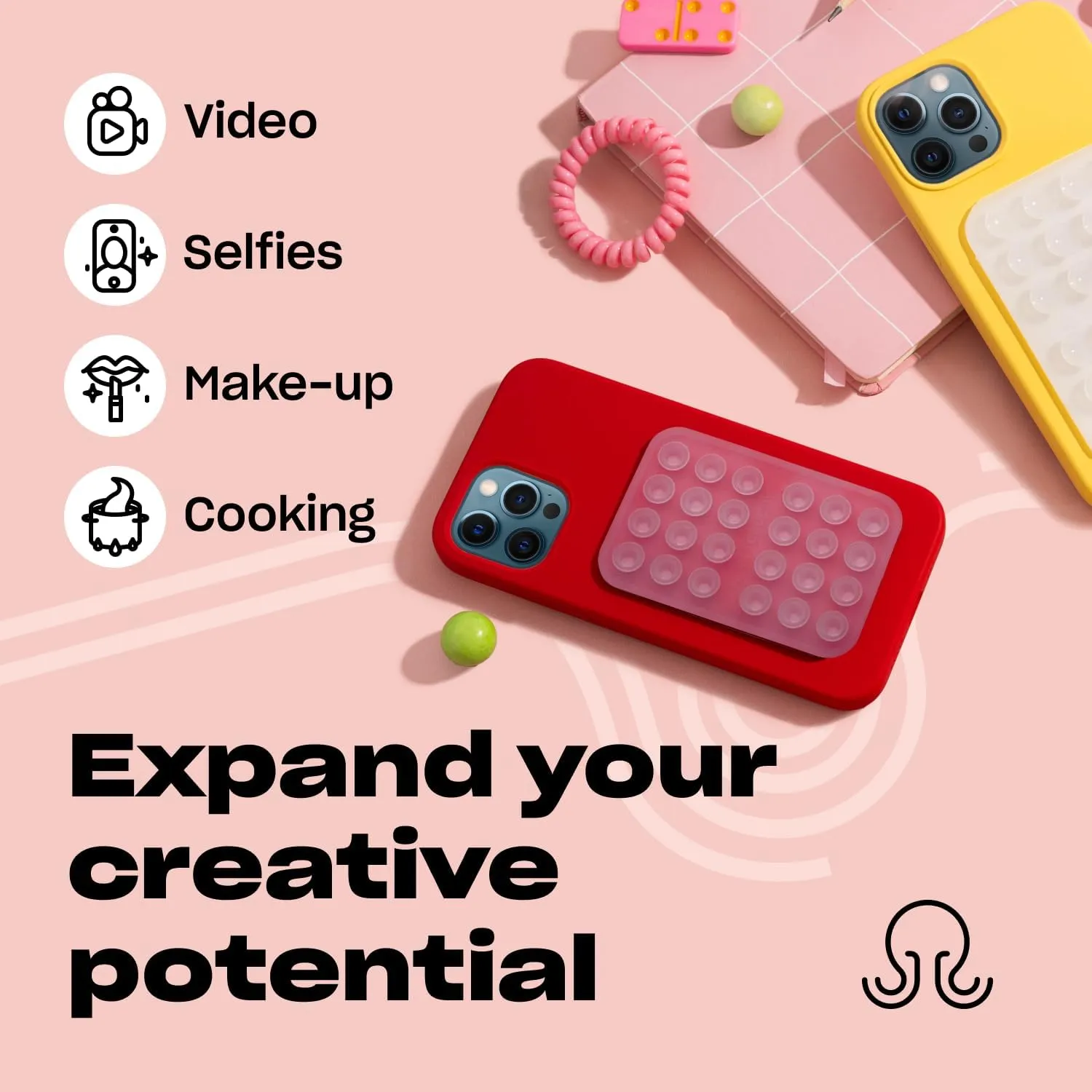 Silicone Suction Phone Case Adhesive Mount - Hands-Free, Strong Grip Holder for Selfies & Videos - Durable, Easy to Use - iPhone & Android Compatible - 2.25″ x 3.25″, Transparent