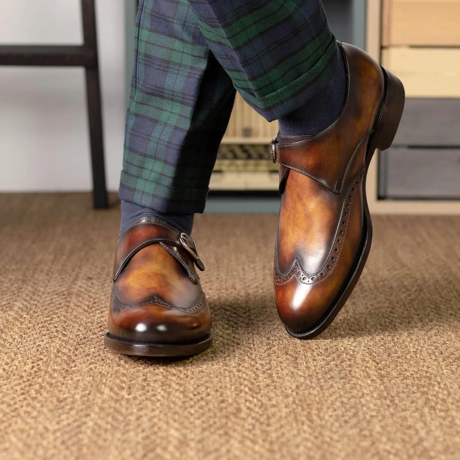 Single Monk Strap Shoe 5573 - Fire Patina Leather - Cognac Sole - Zurigo Last - Handmade Men's Dress Shoe