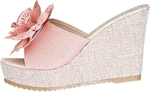 Slip on Wedge Sandals for Women Summer Dressy Flower Decor Slides High Heel Platform Sandal High-Heels Shoes