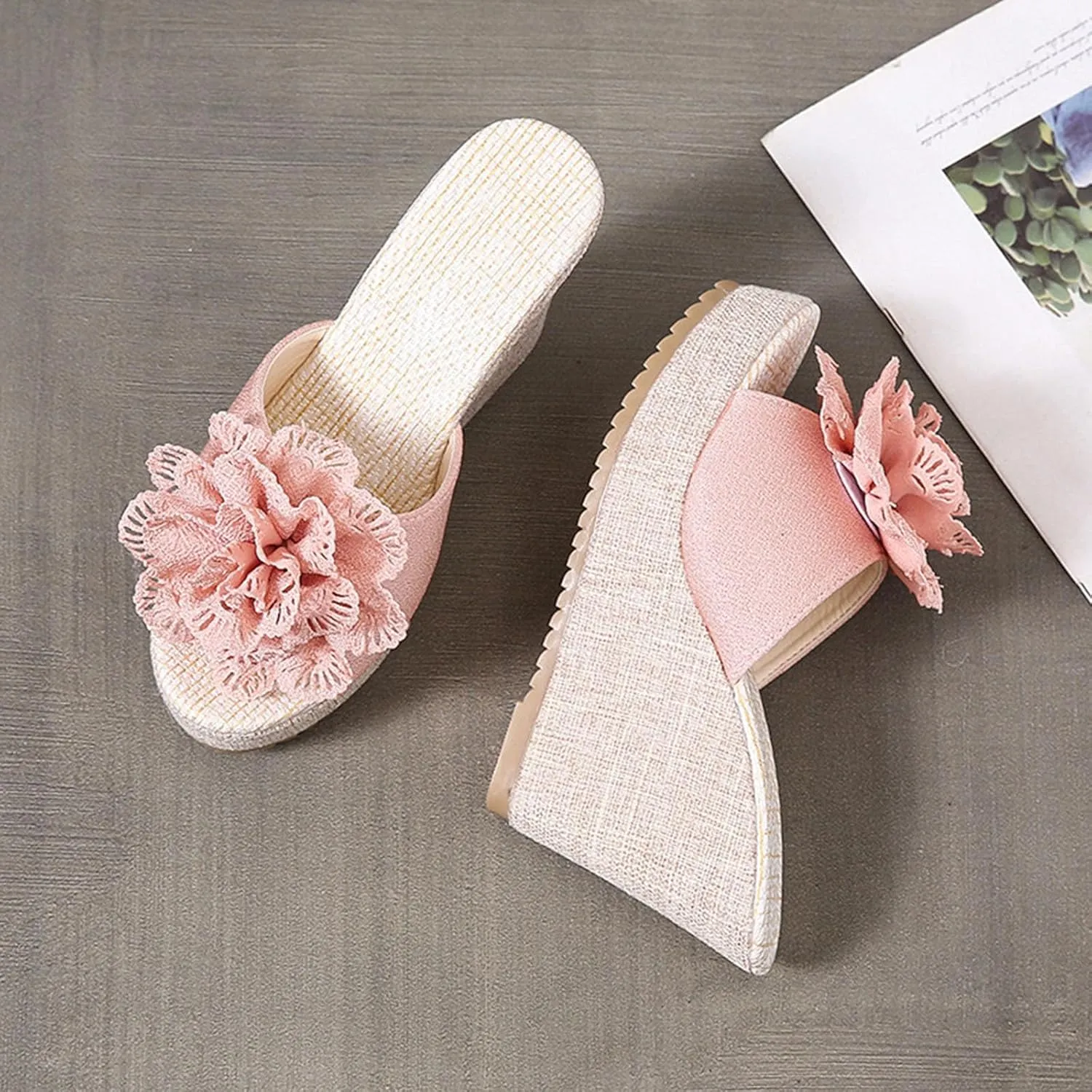 Slip on Wedge Sandals for Women Summer Dressy Flower Decor Slides High Heel Platform Sandal High-Heels Shoes