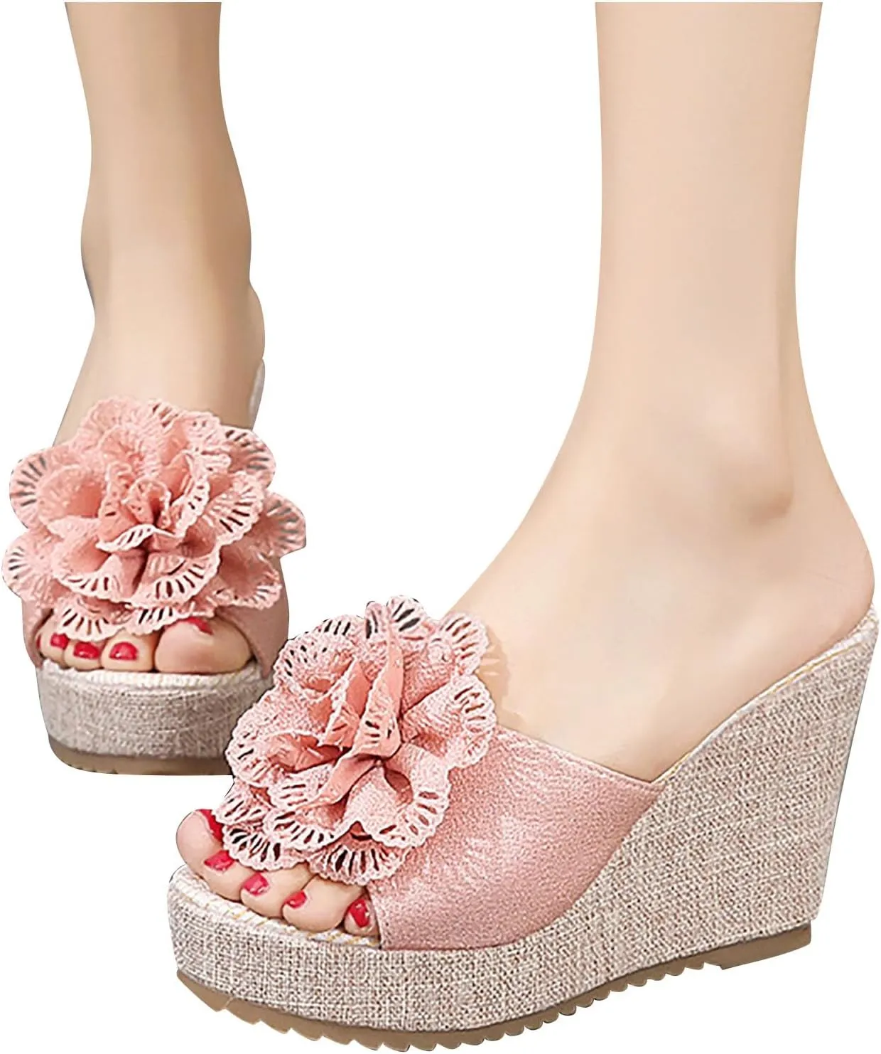 Slip on Wedge Sandals for Women Summer Dressy Flower Decor Slides High Heel Platform Sandal High-Heels Shoes