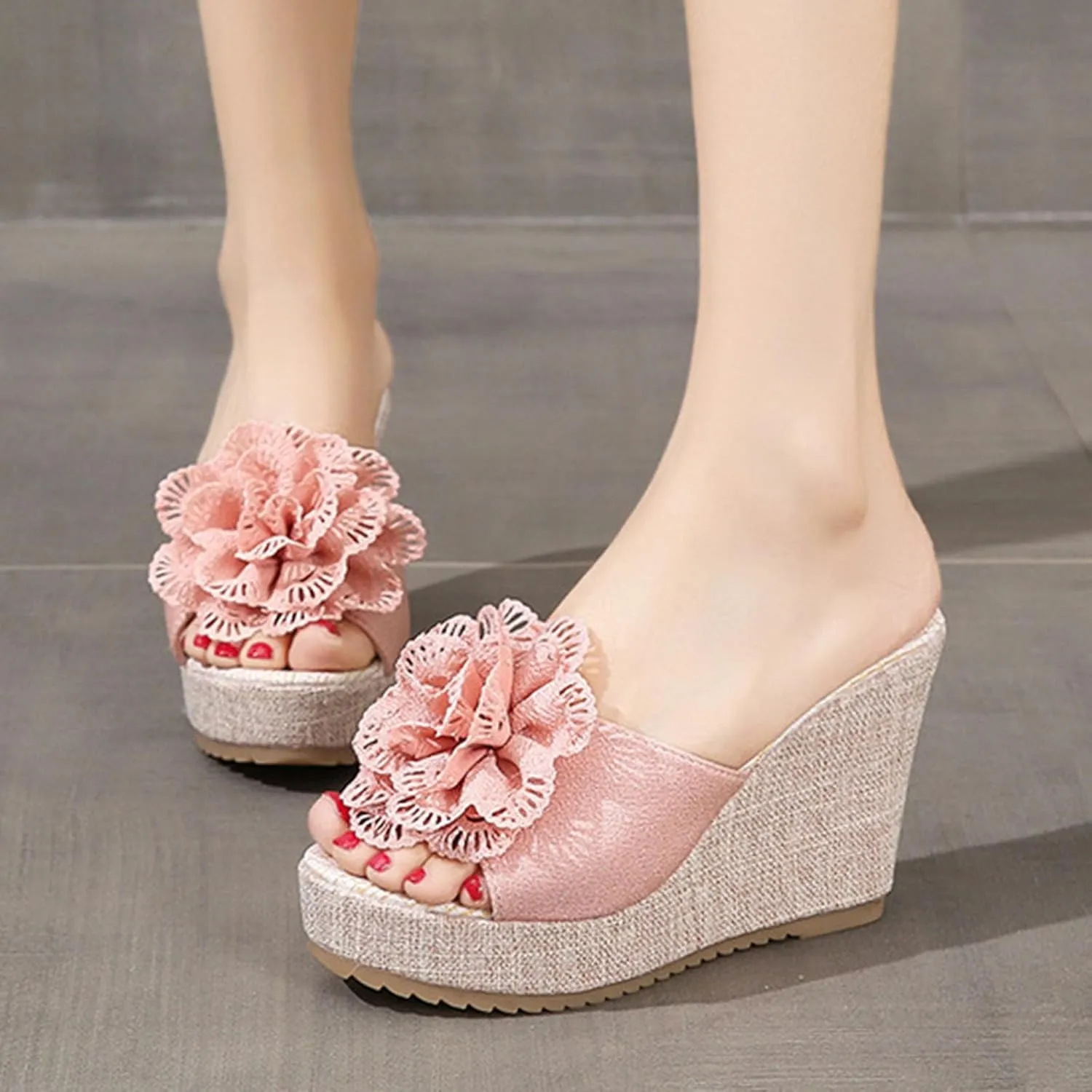 Slip on Wedge Sandals for Women Summer Dressy Flower Decor Slides High Heel Platform Sandal High-Heels Shoes