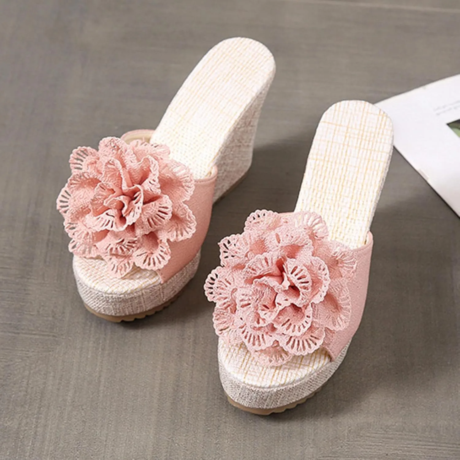 Slip on Wedge Sandals for Women Summer Dressy Flower Decor Slides High Heel Platform Sandal High-Heels Shoes