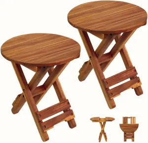 Small Patio Table, Outdoor Folding Side Table, Portable Side Table, Small Side Table, Accent Table, Small Coffee End Table, Wood Table Top for Living Room, Bedroom... (Round - Acacia - Set 2)
