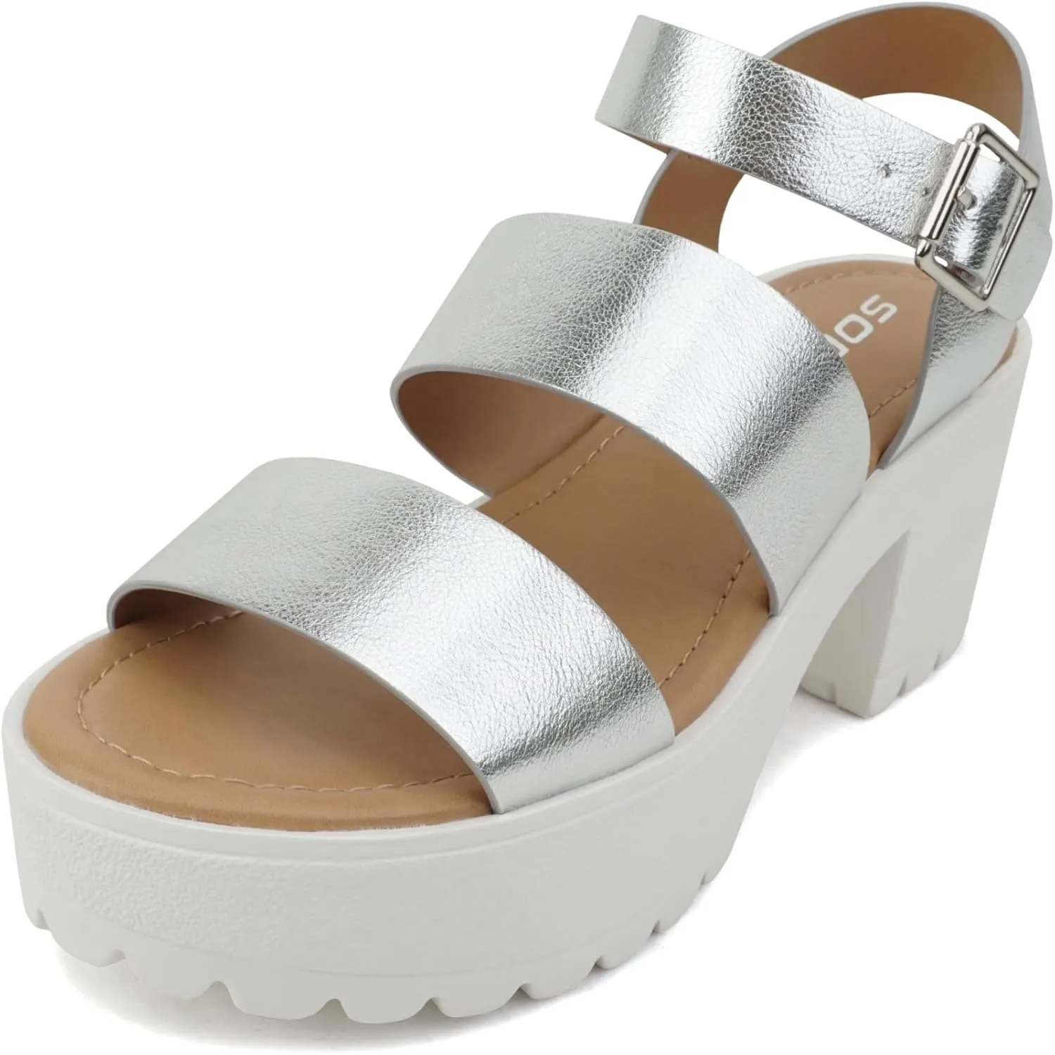 Soda ACCOUNT ~ Women Open Toe Two Bands Lug sole Fashion Block Heel Sandals with Adjustable Ankle Strap