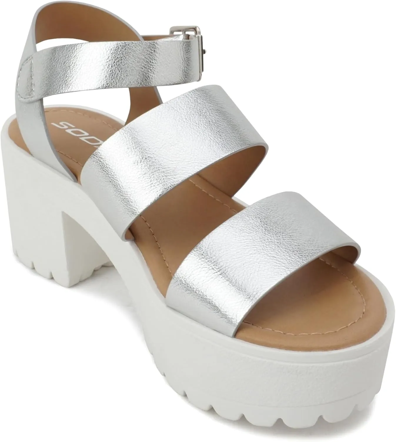 Soda ACCOUNT ~ Women Open Toe Two Bands Lug sole Fashion Block Heel Sandals with Adjustable Ankle Strap