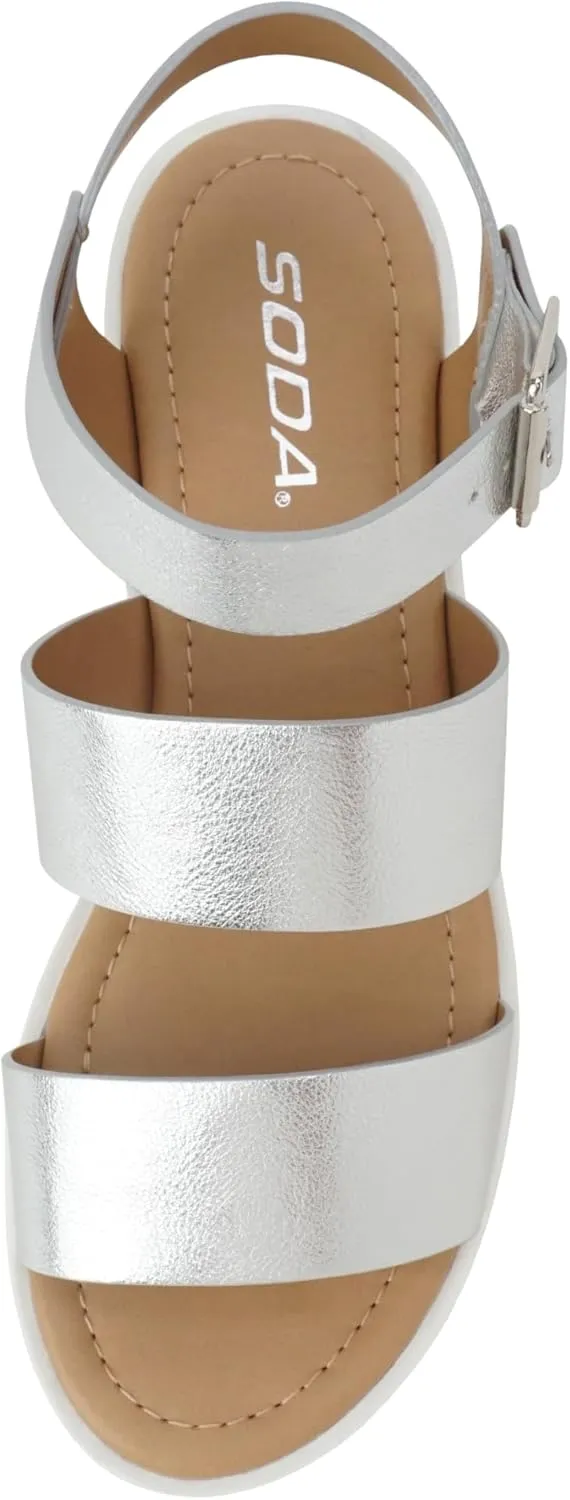 Soda ACCOUNT ~ Women Open Toe Two Bands Lug sole Fashion Block Heel Sandals with Adjustable Ankle Strap