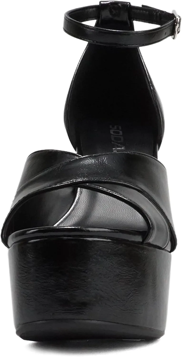 Soda “ATOMIC” ~ Women Open Round Toe Crisscross Band Closed Back Counter Platform High Heel Sandal with Adjustable Ankle Strap