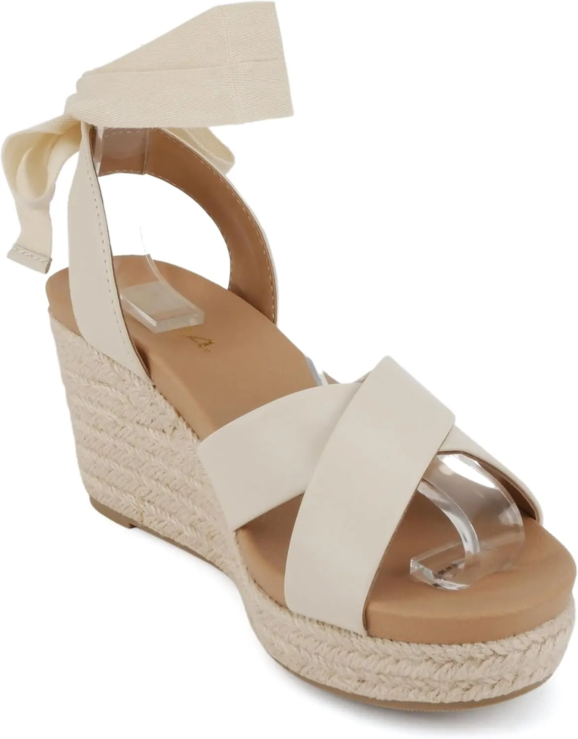 Soda “Donnie” ~ Women Open Round Toe Crisscross Band Low Heel Espadrille Wedge Sandal with Adjustable Ankle Strap