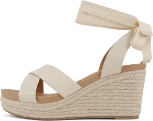 Soda “Donnie” ~ Women Open Round Toe Crisscross Band Low Heel Espadrille Wedge Sandal with Adjustable Ankle Strap