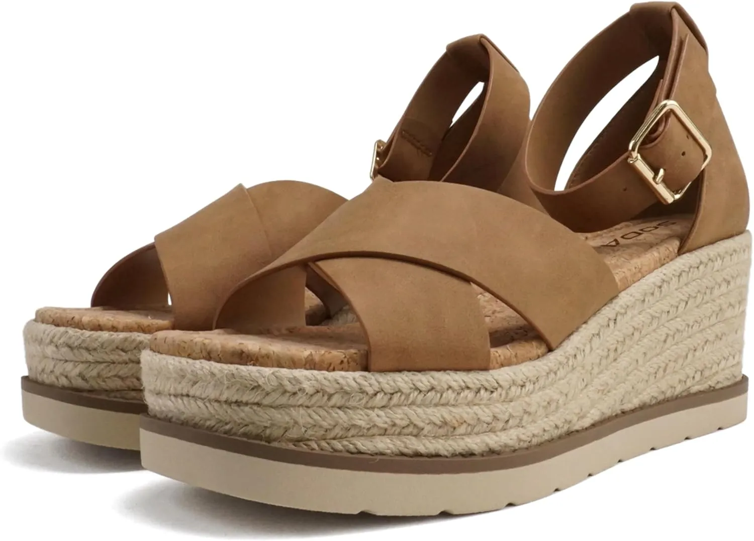 Soda “Fabian” ~ Women Square Toe Closed Back Counter Crisscross Band Platform Espadrille Wedge Sandals with Adjustable Ankle Strap