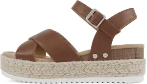 Soda “FIRELY” ~ Women Round Toe Crisscross Band Platform Espadrille Wedge Sandal with Adjustable Ankle Strap