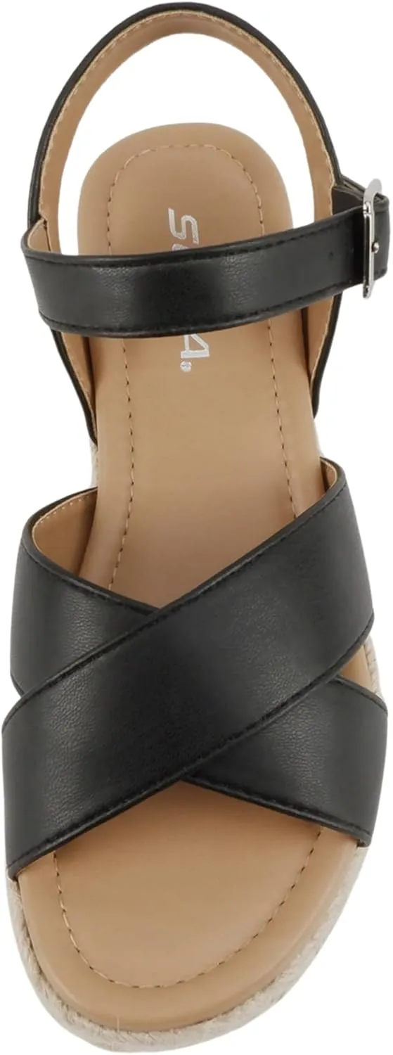 Soda “FIRELY” ~ Women Round Toe Crisscross Band Platform Espadrille Wedge Sandal with Adjustable Ankle Strap