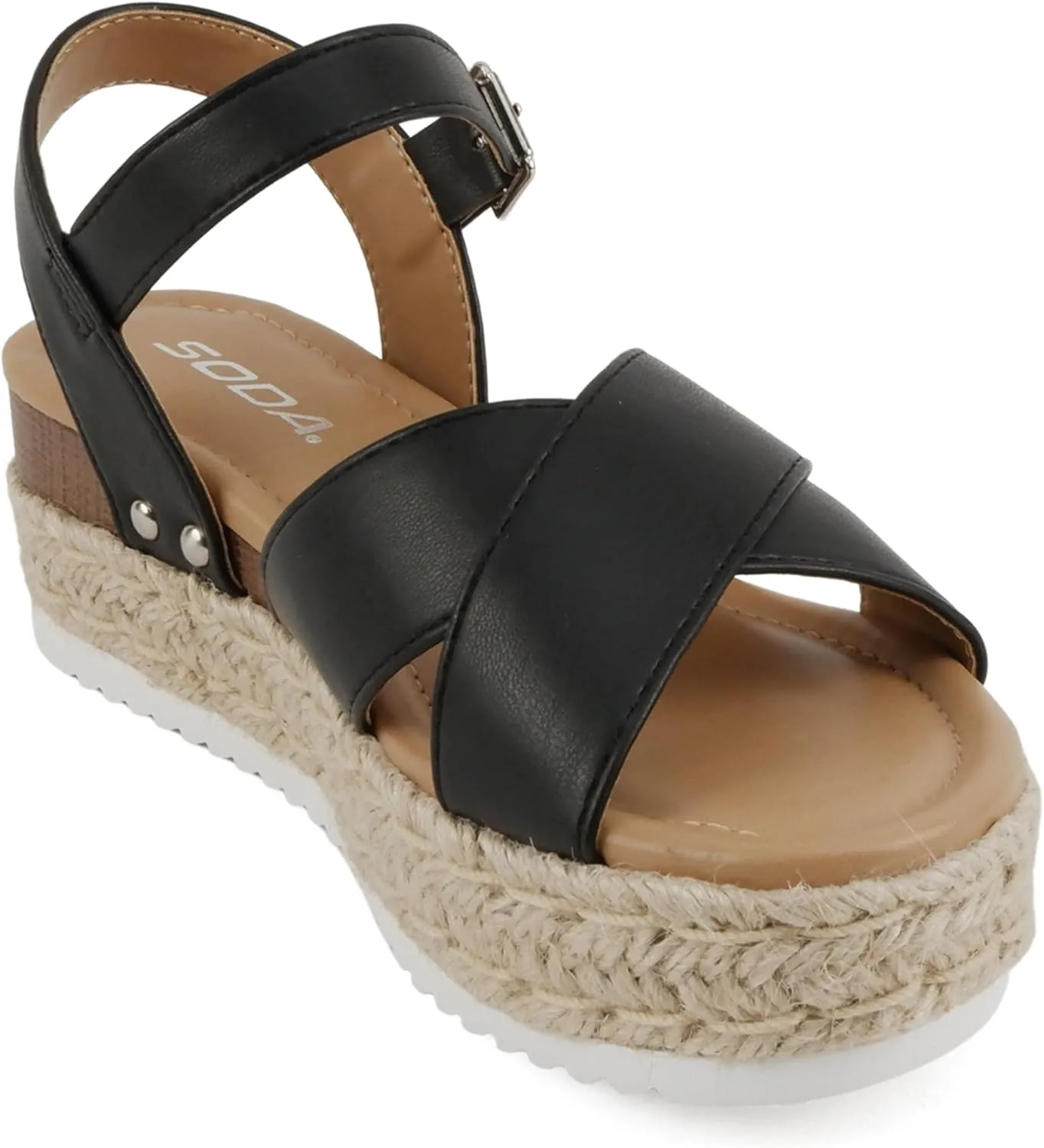 Soda “FIRELY” ~ Women Round Toe Crisscross Band Platform Espadrille Wedge Sandal with Adjustable Ankle Strap