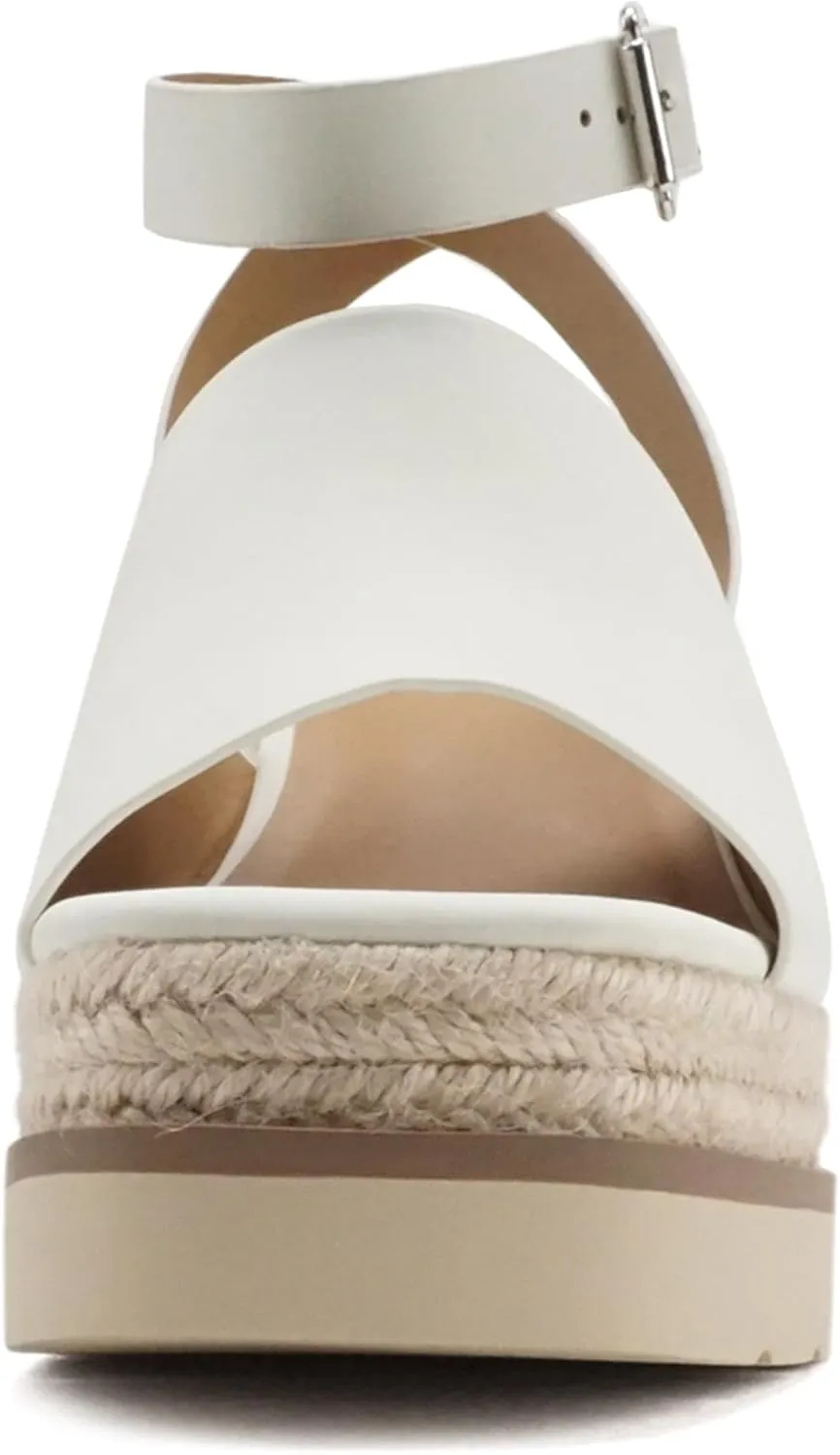 Soda “Stella” ~ Women Square Peep Toe Single Band Platform Espadrille Wedge Sandals with Adjustable Ankle Strap