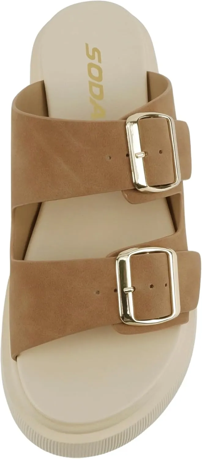 Soda “Uberta” ~ Women Round Toe Lug Sole Platform Slide Sandal with Two Adjustable Buckle Straps
