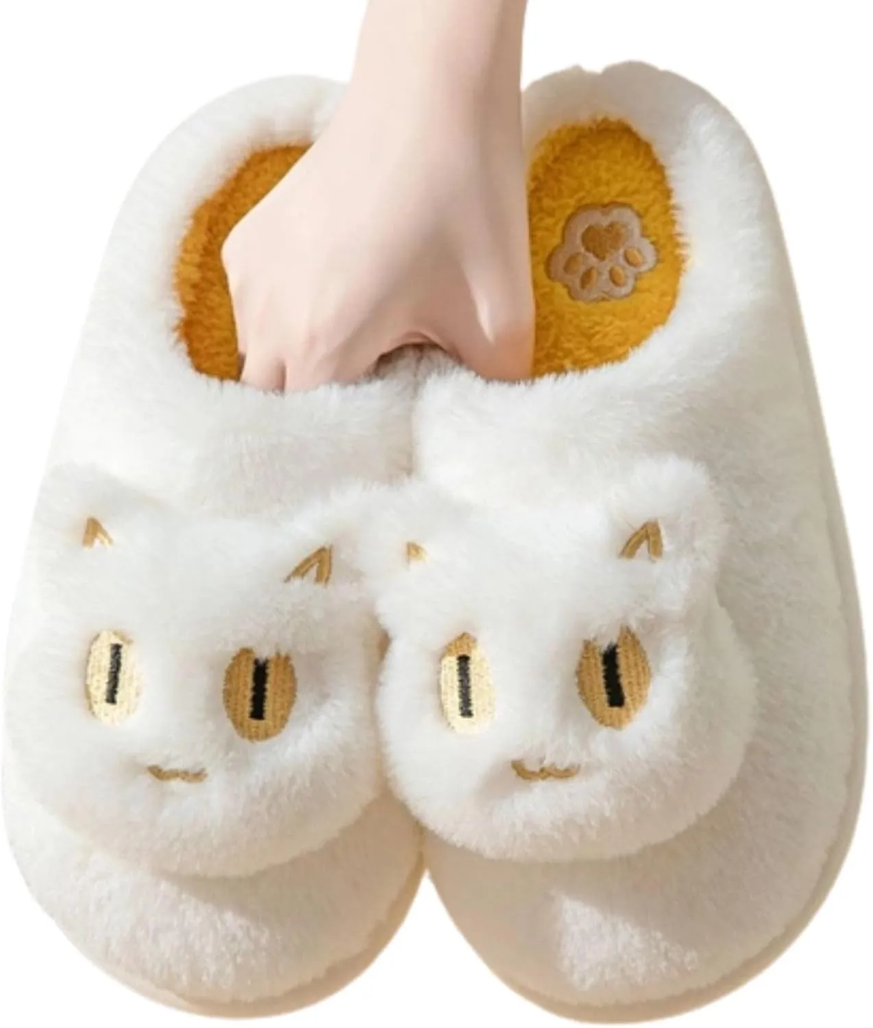 Soft Plush Comfy Warm Couple Slip-On House Cute Cat Face Slippers for Winter, Non-Slip Fuzzy Flat Slides for Women Indoor Outdoor (6,White)