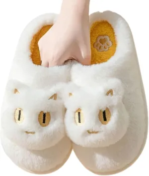 Soft Plush Comfy Warm Couple Slip-On House Cute Cat Face Slippers for Winter, Non-Slip Fuzzy Flat Slides for Women Indoor Outdoor (6,White)