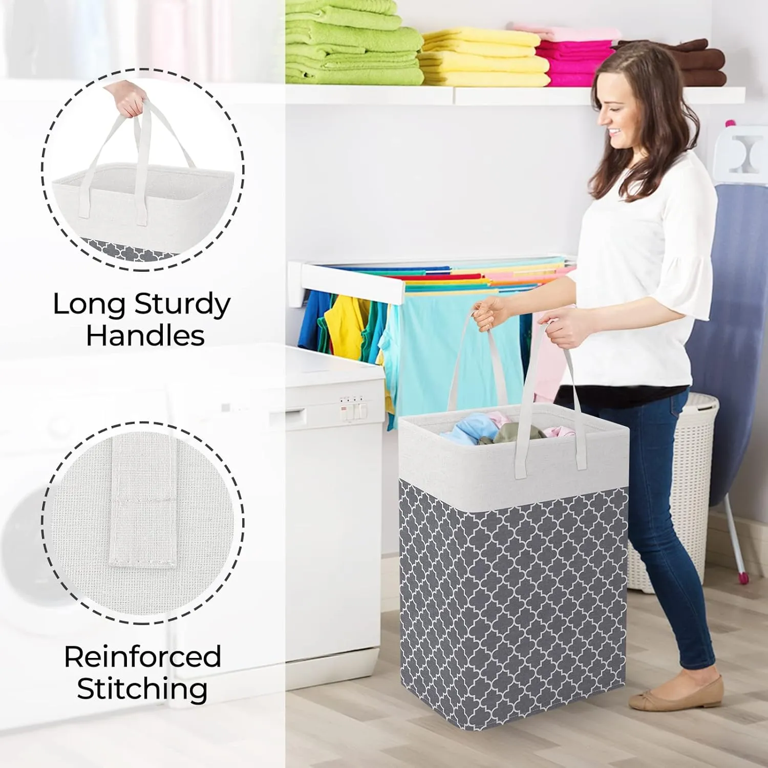 StorageRight Laundry Basket Hamper Large Collapsible Laundry Hamper with Easy Carry Handles，Freestanding Clothes Hampers for Laundry, Bedroom, Dorm, Clothes, Towels, 75L, Clover Grey