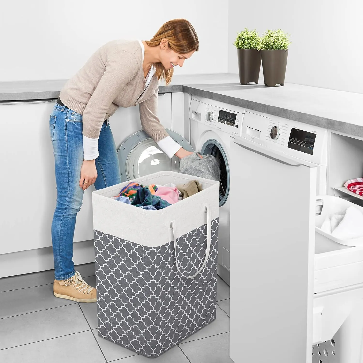 StorageRight Laundry Basket Hamper Large Collapsible Laundry Hamper with Easy Carry Handles，Freestanding Clothes Hampers for Laundry, Bedroom, Dorm, Clothes, Towels, 75L, Clover Grey