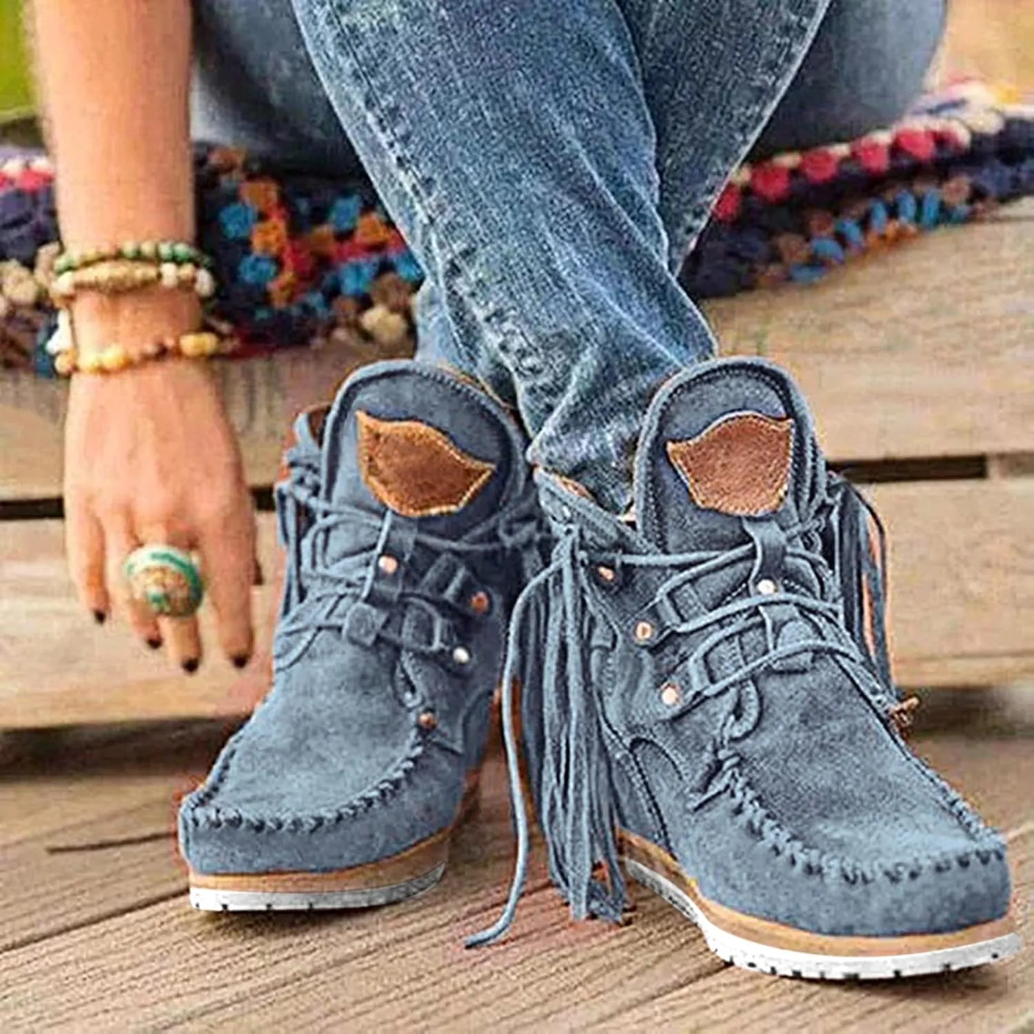 Suede Cowboy Boots Women Short Western Boots Suede Fringe Boots Flat Moccasin Boots Tassel Boots Hippie Boots