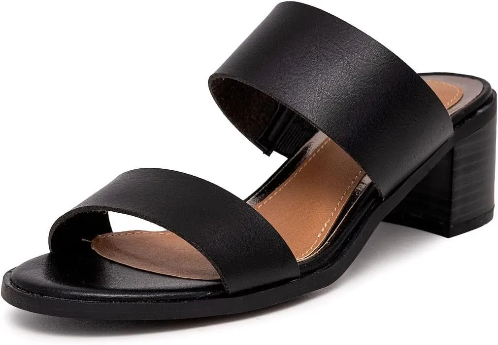 Sugar Women's Heeled Two Band Slide Sandal: Square Open Toe, Low Block Chunky Heels, Slip-On Comfort - Halo