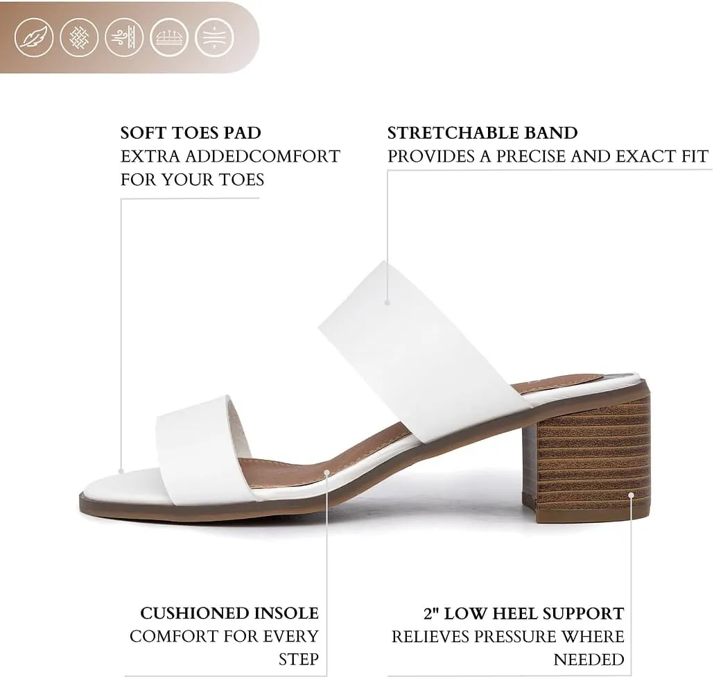 Sugar Women's Heeled Two Band Slide Sandal: Square Open Toe, Low Block Chunky Heels, Slip-On Comfort - Halo