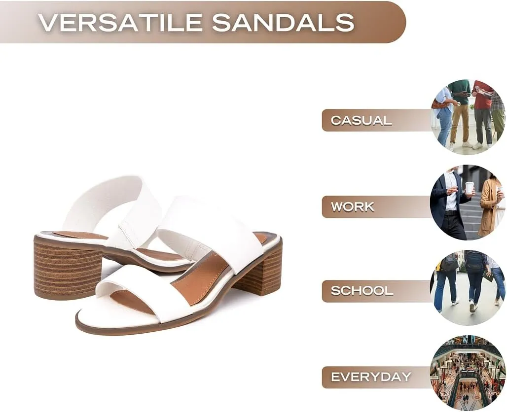 Sugar Women's Heeled Two Band Slide Sandal: Square Open Toe, Low Block Chunky Heels, Slip-On Comfort - Halo