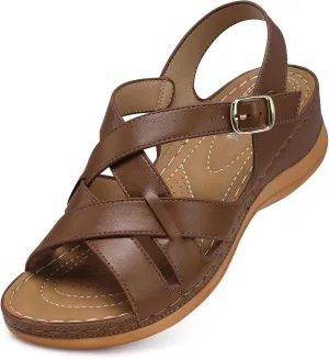 TEMOFON Flat Women Sandals Wide: Black Brown White Leather Summer Sandal - Rubber Sole - Dressy Comfortable Walking Sandal Size 5-11