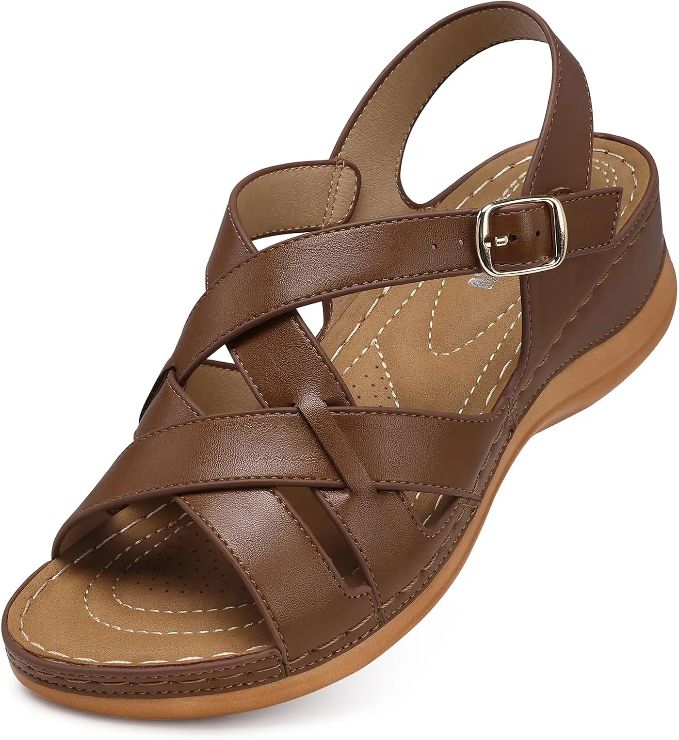 TEMOFON Flat Women Sandals Wide: Black Brown White Leather Summer Sandal - Rubber Sole - Dressy Comfortable Walking Sandal Size 5-11