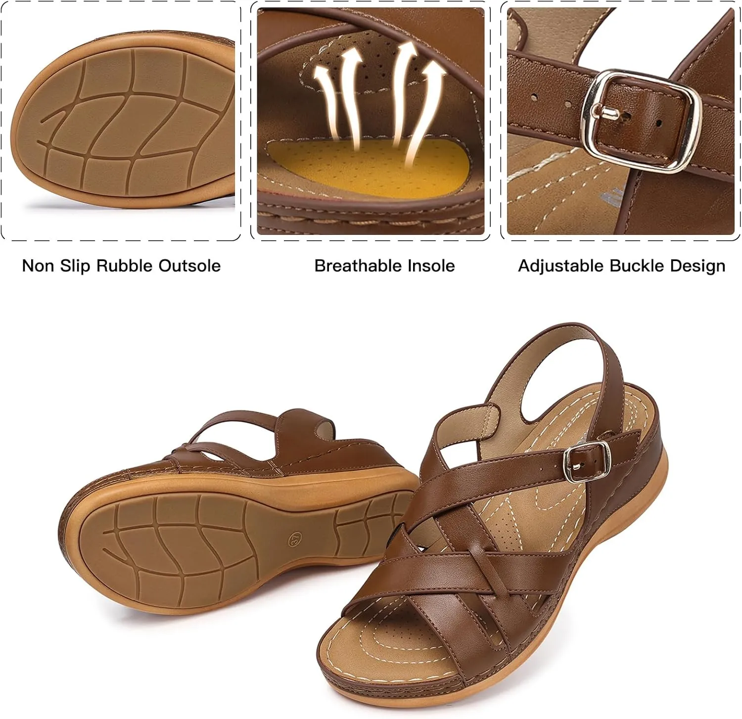 TEMOFON Flat Women Sandals Wide: Black Brown White Leather Summer Sandal - Rubber Sole - Dressy Comfortable Walking Sandal Size 5-11