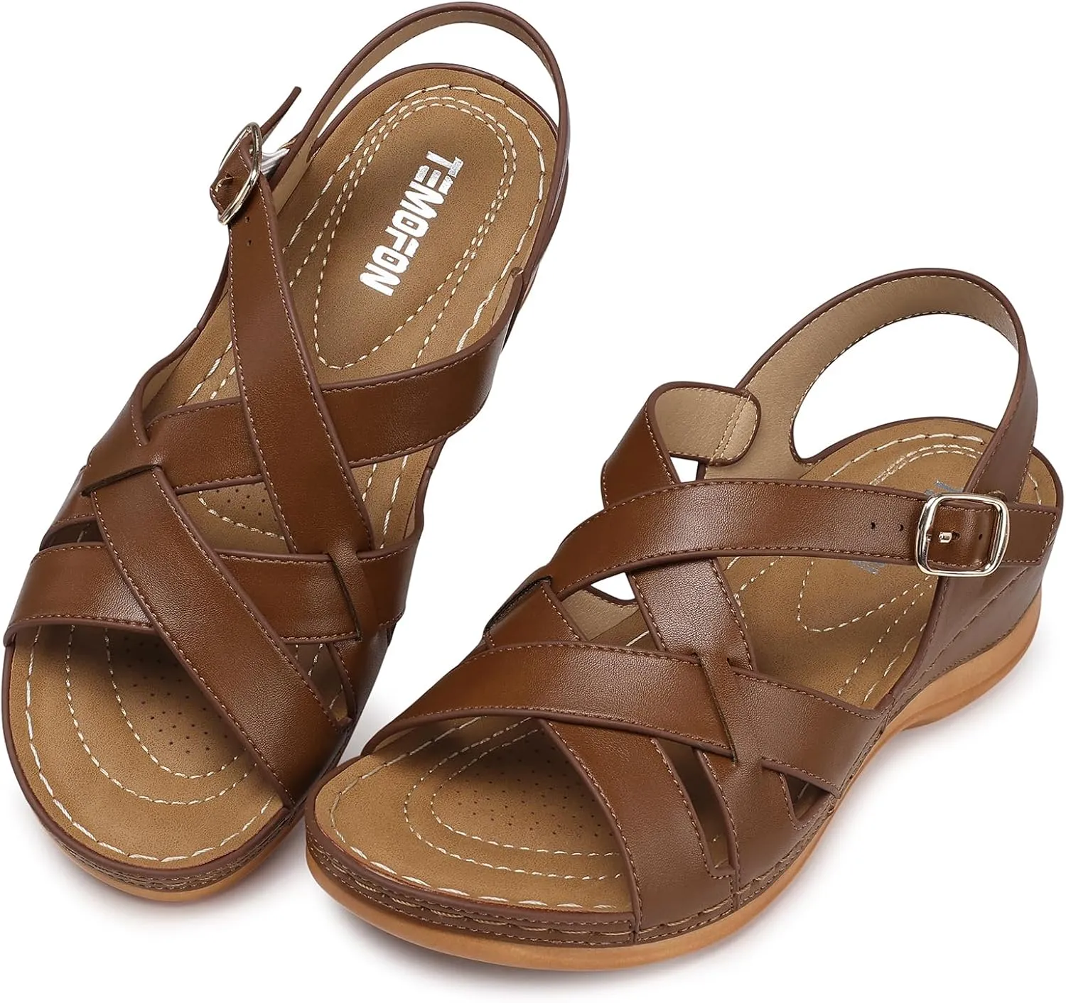 TEMOFON Flat Women Sandals Wide: Black Brown White Leather Summer Sandal - Rubber Sole - Dressy Comfortable Walking Sandal Size 5-11