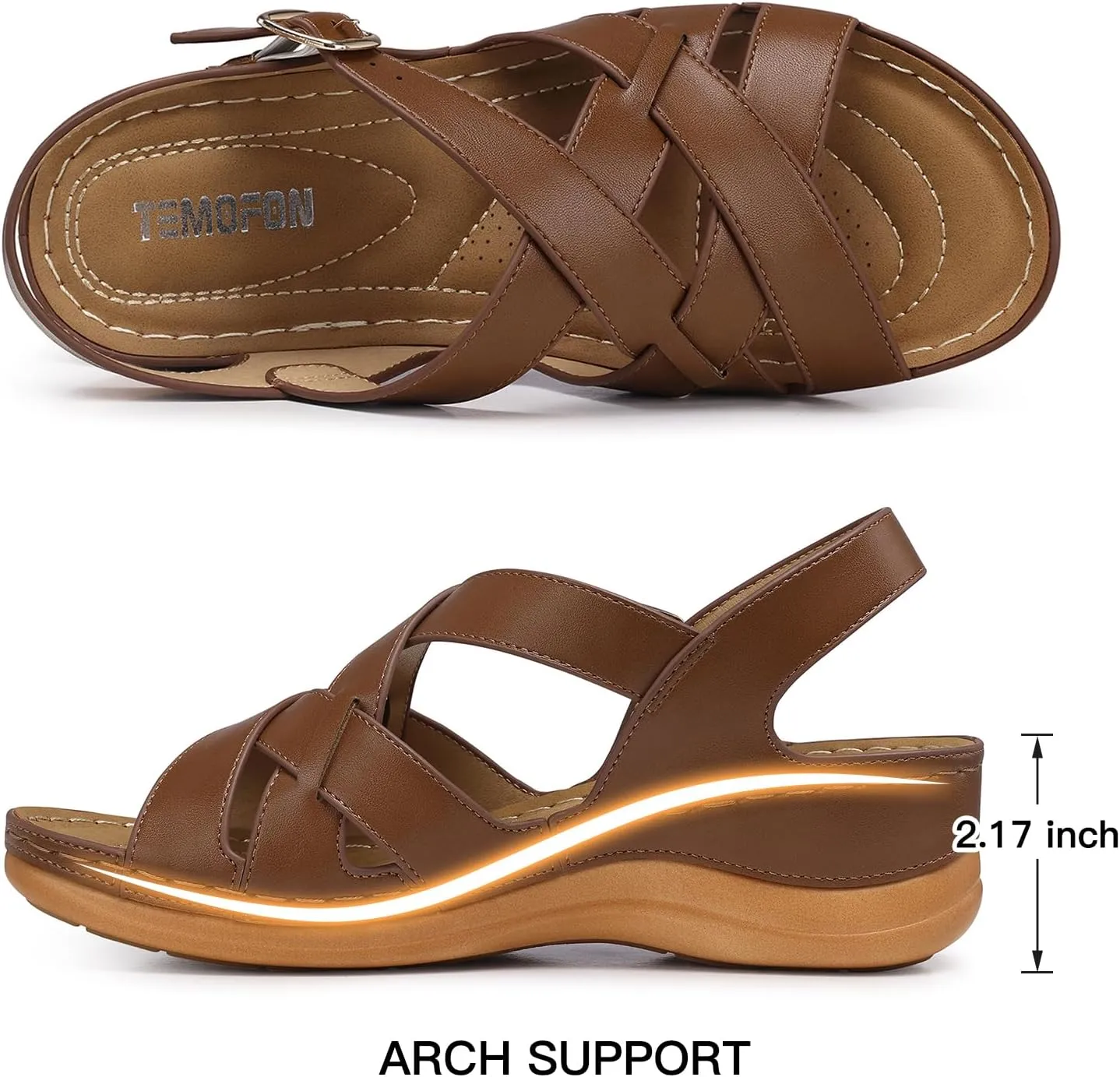TEMOFON Flat Women Sandals Wide: Black Brown White Leather Summer Sandal - Rubber Sole - Dressy Comfortable Walking Sandal Size 5-11