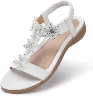 TEMOFON Flats Sandals for Women Dressy: Summer Elastic Ankle Strap Flat Sandals - Comfortable Beach Women
