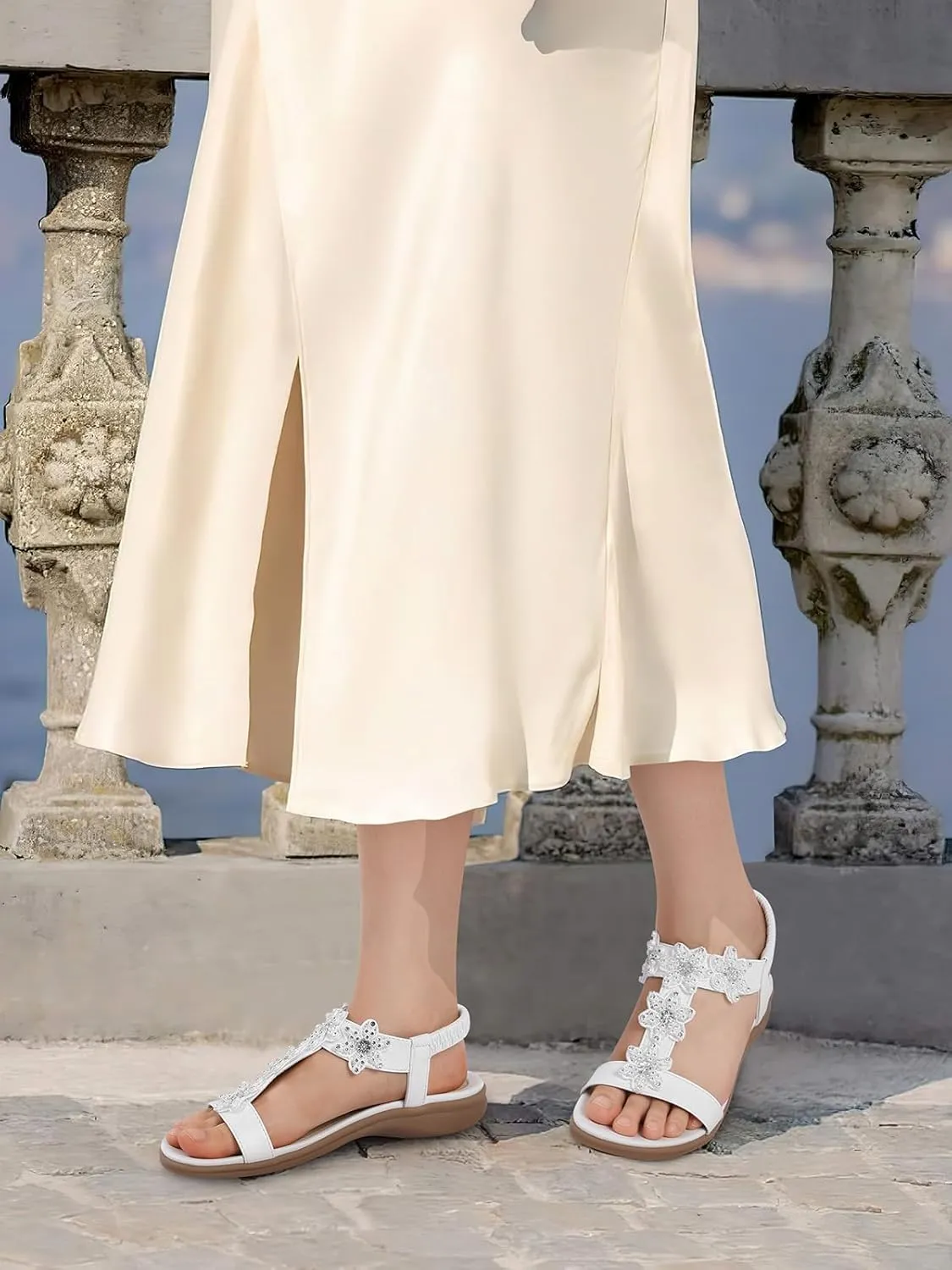 TEMOFON Flats Sandals for Women Dressy: Summer Elastic Ankle Strap Flat Sandals - Comfortable Beach Women