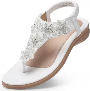 TEMOFON Sandals for Women Flat Dressy: Summer Flower Sandals with Ankle Strap Comfortable Casual Walking Flat Sandals Size 5-11