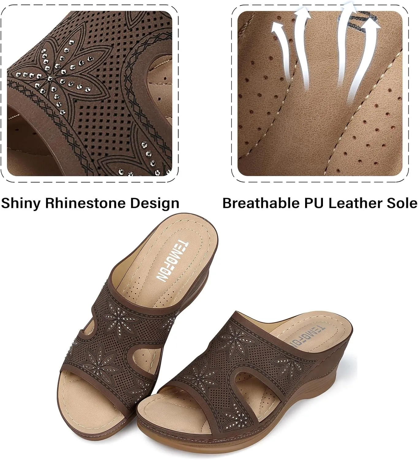 TEMOFON Women Wedge Sandals Dressy: Soft Leather Sandal, Rubber Sole, Comfortable Walking, Casual Slip on Summer Sandals