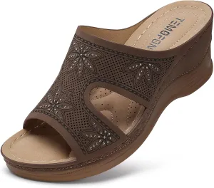 TEMOFON Women Wedge Sandals Dressy: Soft Leather Sandal, Rubber Sole, Comfortable Walking, Casual Slip on Summer Sandals