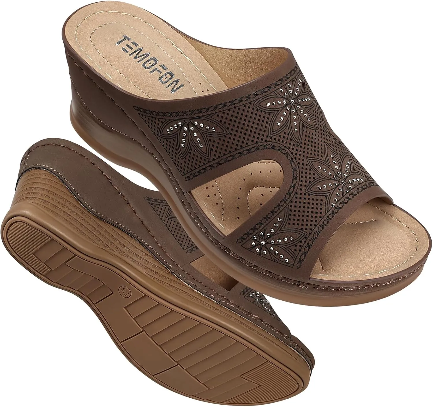 TEMOFON Women Wedge Sandals Dressy: Soft Leather Sandal, Rubber Sole, Comfortable Walking, Casual Slip on Summer Sandals