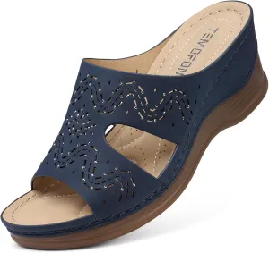 TEMOFON Women Wedge Sandals Summer: Comfortable Walking, Rubber Sole, Soft Leather, Dressy Casual Slip on Sandal Shoes Size 5-11