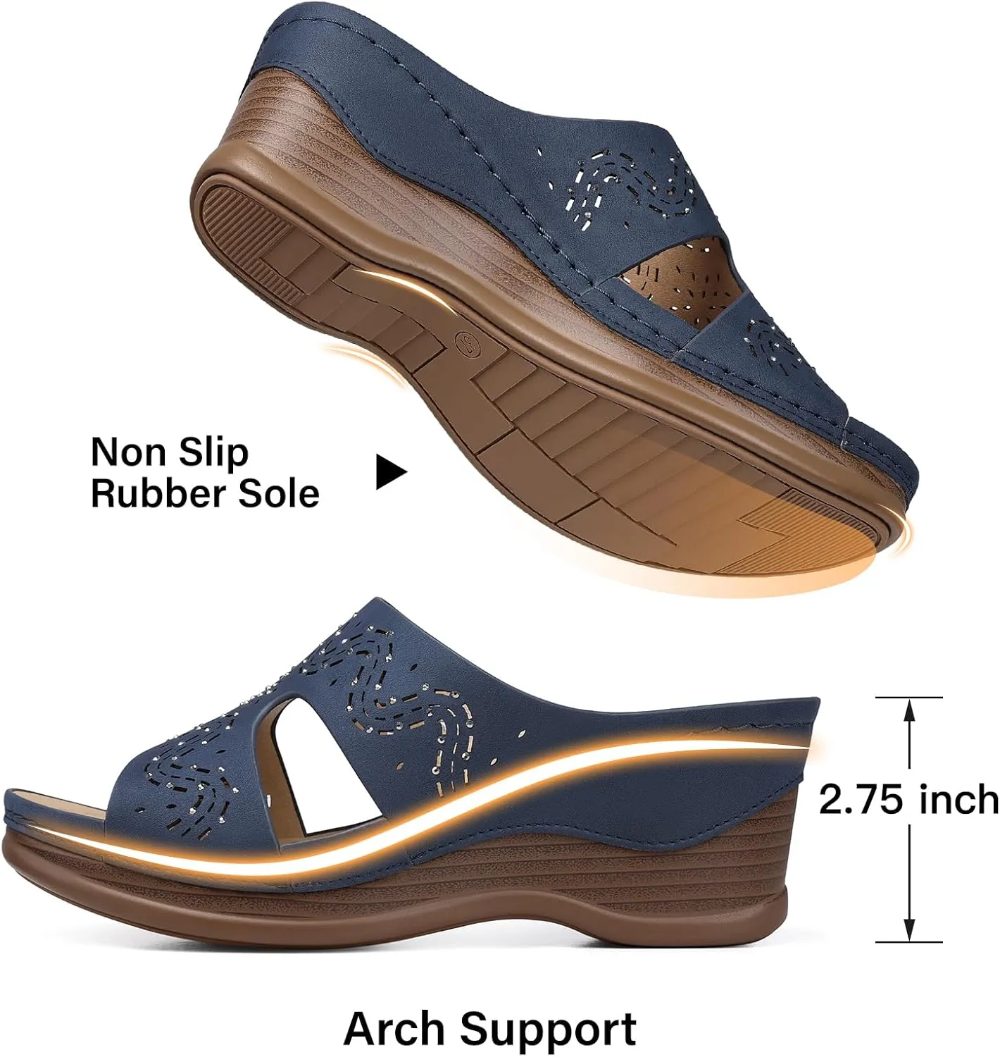 TEMOFON Women Wedge Sandals Summer: Comfortable Walking, Rubber Sole, Soft Leather, Dressy Casual Slip on Sandal Shoes Size 5-11