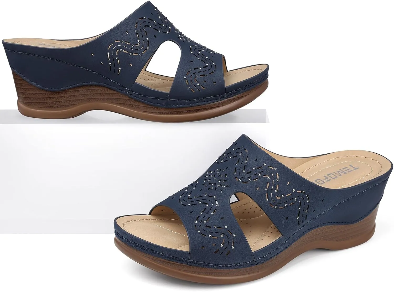 TEMOFON Women Wedge Sandals Summer: Comfortable Walking, Rubber Sole, Soft Leather, Dressy Casual Slip on Sandal Shoes Size 5-11