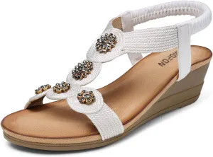 TEMOFON Womens Wedge Dressy Sandals: Elastic Ankle Strap Sandals - Summer Beach Open Toe - Comfortable Walking Sandals Size 5-11